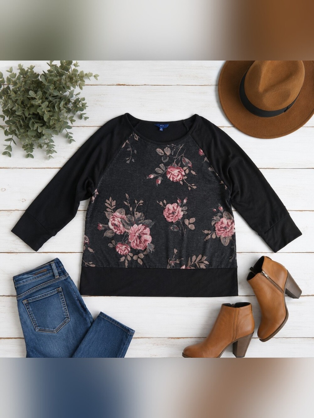 Apt. 9 Black Pullover with Pink Rose Print